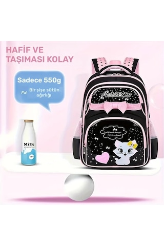 Dream011 Sevimli Çizgi Film Kedi Desenli Pembe Büyük İlkokul Çantası 1-6 Sınıflar Kız Çocuk Ultra Hafif Büyük Kapasiteli Pembe