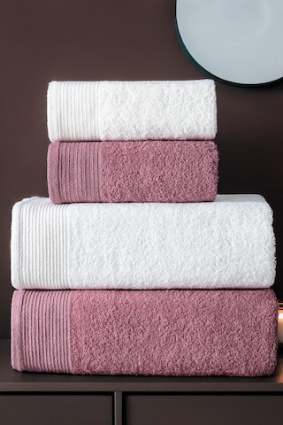 4'lü Hamam Takımı Banyo Havlu Seti 2 Adet 50x90 + 2 Adet 70x140 %100 Pamuk Yumuşak Havlu Gül Kurusu - Beyaz