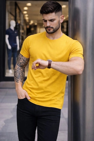 Novalisse Erkek Body Tişört Bisiklet Yaka Slim Fit Likralı T-shirt - Sarı Çoklu Renk