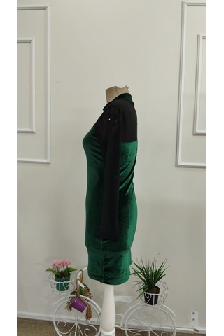 Bhrwear Kadın Uzun Kollu Balıkçı Yakalı Dekolte Tül Detaylı Kısa Kadife Elbise Renkli