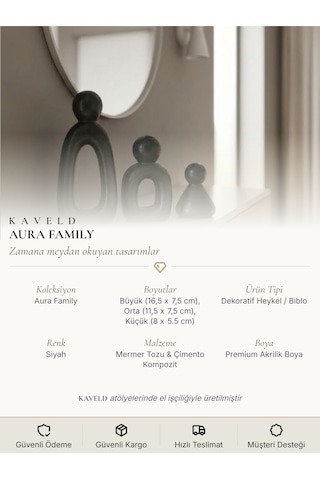 Kaveld Aura Family Minimalist Dekoratif Heykel 3'lü Set El Yapımı Modern Biblo Mermer Tozu & Çimento Kompozit Premium Salon Ve Ofis Dekoru Siyah