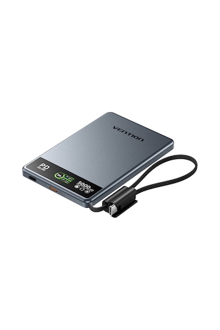 Vention Ultra Slim Serisi 5000mah Powerbank 15w Manyetik Kablosuz Şarj 2xusb-c Tft Ekran Dahili Askı Kablolu Gri