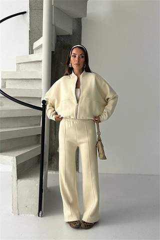 Neşeli Butik Kadın 3 İplik Şardonlu Oversize Eşofman Takımı Nbg105 Bej