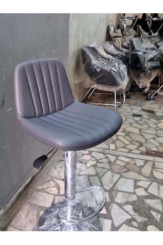 Gri Deri Amortisörlü Mutfak Bar Tabureleri Gri