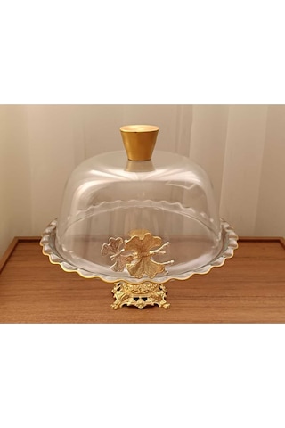 Elta Collection Gold Metal Ayaklı Cam Kapaklı Kek - Pasta Stantı Fanus Kelebekli