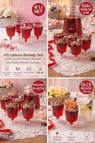 6 Lı Lohusa Bardağı Şeffaf Ayaklı Plastik Bardak Söz Nişan Mevlüt Sunum