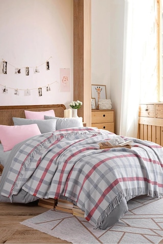 Battaniye Pamuklu Çift Kişilik Warm Soft Gri-kırmızı Gri-kırmızı