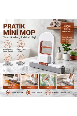 El Değmeden Sıkmalı Süngerli Mini Mop & Mutfak, Lavabo, Cam, Fayans Temizleme Aparatı Turuncu