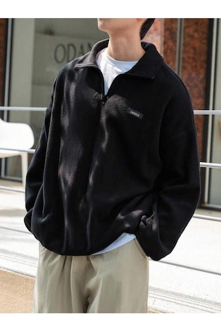 Genıus Store Erkek Polar Oversize Sweatshirt Polar Sweatshirt Siyah