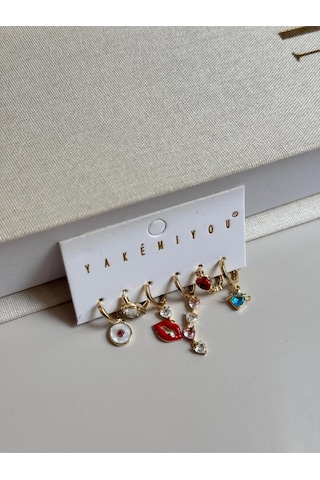 Renkli Figürlü 6 Lı Altın Renk Charm Küpe Seti Kalp, Dudak Ve Göz Detaylı Altın