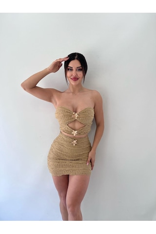Bej Dantel Strablez Tokalı Etekli İkili Takım Bej