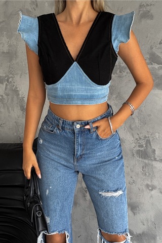 Femelle Kadın Siyah Sırtı Fermuarlı Crop Kot Bluz