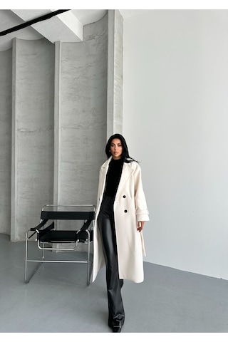Meecy Laura Kuşaklı Yeni Sezon Astarlı Premium Kalite Rahat Kalıp Kadın Kaşe Kaban Mont Bej Bej
