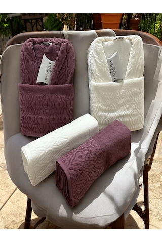 Banyo Çeyiz Seti, %100 Pamuk Bornoz Takımı, 8 Parça Aile Bornoz Seti, Havlu & Havlu Seti Mor-krem Mor