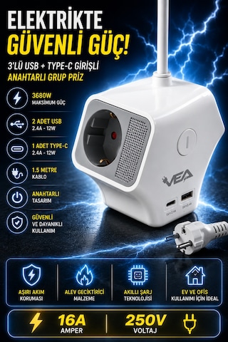 3'lü Grup Priz 2 Usb Type-c Girişli Ayrı Anahtarlı 1.5 Metre Uzatma Kablosu 16a 3680w Ev Ofis Duvar Monteli 0