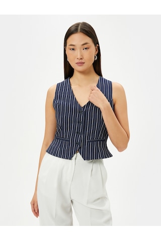 Koton Crop Yelek Düğmeli Fleto Cepli Slim Fit V Yaka Lacivert Çizgili 4sak20044pw 4SAK20044PW7S2 Lacivert