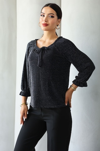 Lupinn Moda Kadın Siyah Simli/taşlı/parlak/ışıltılı Bağlama Detaylı Uzun Kollu Bluz Zarif Tasarım, Şık Ve Rahat Kombinler İçin Siyah
