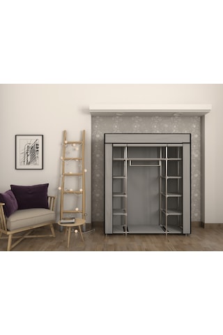Burak Metal Çift Yandan Raflı Gri Bez Dolap Gardırop Gri