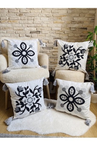 Swita Home 4'lü Kombin Punch Işlemeli Kırlent Kılıfı Panç Gri