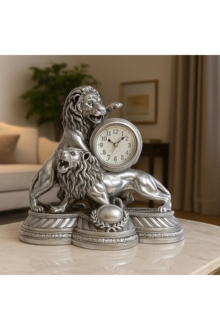 Gümüş Gold Aslan Figürlü Masa Saati 28x26 Gümüş