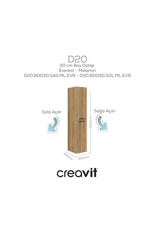Creavit D20 30 Cm Sola Açılır Boy Dolabı Everest Melamin Kapak Ahşap