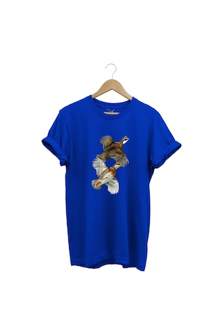 Avcılık Hunter Keklik Kuşları Tasarımlı %100 Pamuk Regular Fit Mavi T-shirt Saks Mavi