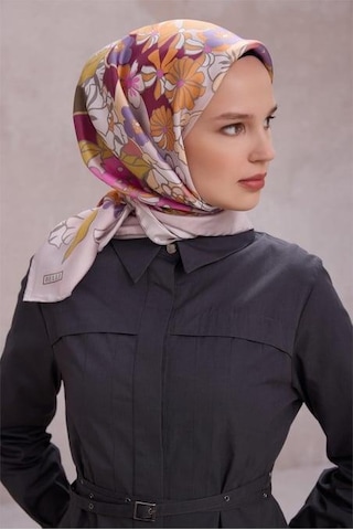 Belli Tivil Saf İpek Eşarp 4220 - 31 Taş Çiçek Desen Gri