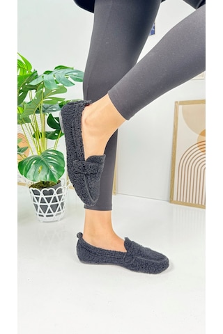 Günlük Kadın Loafer Peluş Astarlı Oval Burunlu Alçak Desenli Tabanlı Ayakkabı 375 Siyah