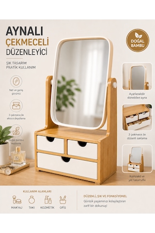 Aynalı Bambu Masaüstü Organizer 3 Çekmeceli Çok Amaçlı Takı Kozmetik Aksesuar Düzenleyici Saklama Kutusu Ahşap