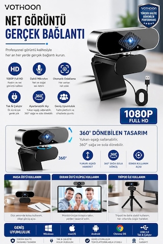 Webcam  1080p Hd Konferans Kamera Dahili Mikrofon Görüntülü Sohbet Yayın Kamerası Hd Video  Ae-104