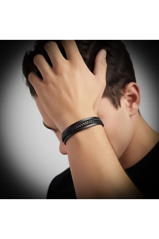 Moncuk Design Siyah Deri Erkek Bileklik Titanyum Çelik Manyetik Kilitli 33513b14d3 Çok Renkli