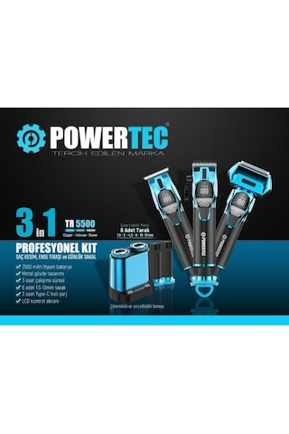 Powertec TR-5500 3in1 Profesyonel Bakım Kiti Saç Sakal Ense Vücut Günlük Tıraş Makinesi Seti 3 - 4 Saat Mavi - Siyah