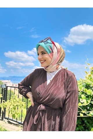 Moda Kaşmir Palet Desen Bambu Eşarp Pudra - Turkuaz