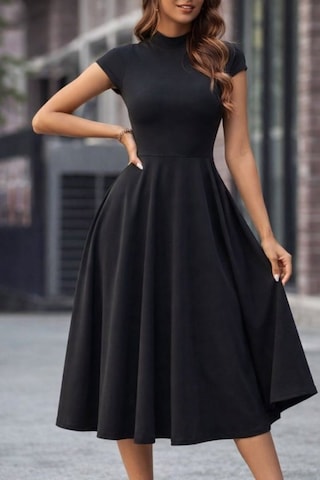 Butik İstanbul Kadın Kısa Yarım Ay Kollu Yarı Balıkçı Yaka Midi Janjan Krep Elbise Siyah