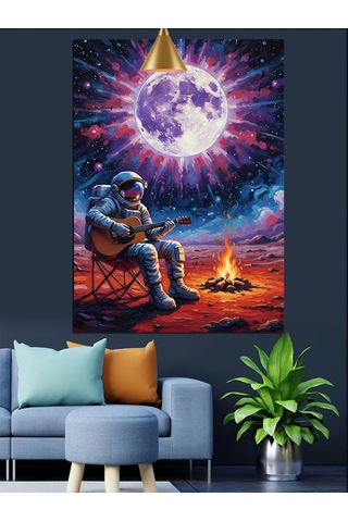 Ay Işığı Manzarasında Uzayda Gitar Çalan Astronot Dekoratif Kanvas - Mdf Ahşap Tablo