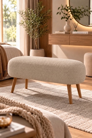 Lona Bukle Kumaş Modern Bench Puf Çok Amaçlı Yatak Ucu Ve Antre Bankı Krem