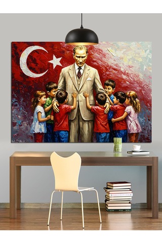 Atatürk Ve Çocuklar Dekoratif Kanvas - Mdf Ahşap Tablo