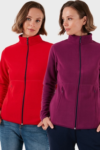 Lela Slim Fit Anti-Pilling Tüylenme Yapmayan Fermuarlı 2'Li Paket Polar Bayan Hırka 5907012S2 Kırmızı-Mor