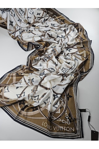 Miorel Scarfs Yeni Sezon Lv Kemer Desen Vual İpek Şal Yeni Sezon Silk Scarfs Shawl Hijab Fular Krem-Bej