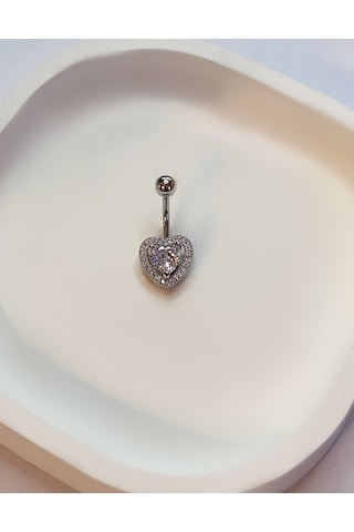Kadın Taşlı Kalp Model Çelik Piercing Gümüş
