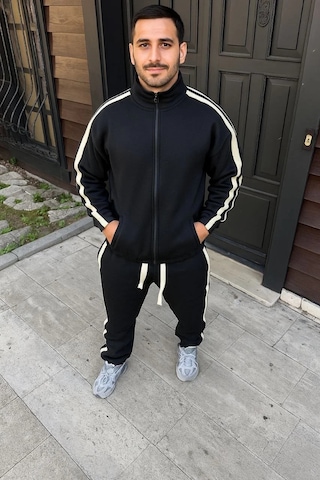 Erkek Çift Şeritli Eşofman Takım Dik Yaka Fermuarlı Sweatshirt Boru Paça Alt, Oversize 3 İplik Pamuk Siyah