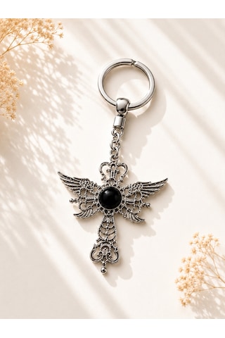 Gotik Kanatlı Haç Anahtarlık Siyah Taş Detaylı Vintage Çanta Aksesuarı