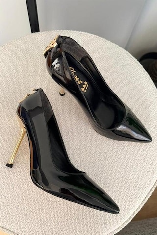 Asmi Shoes Kadın Alexa Arka Toka Detayı 10 Cm İnce Topuklu Ayakkabı&stiletto Siyah Rugan Siyah