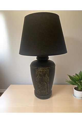 Gold Renk Eskitme Sümer Dekoratif Abajur - Siyah Siyah