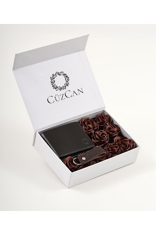 Premium Gift Rose Box - Joseph Kahverengi Hakiki Deri Cüzdan - Anahtarlık Ve Kahverengi Gül Kutusu Kahverengi