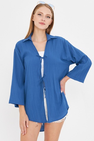 Armonika Kadın Koyu Mavi Gömlek Yakalı Önden Bağcıklı Kimono Gömlek Arm-25k001006