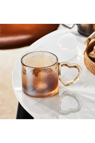 Çiftlere Özel Kalp Kulplu 2 Li Kalın Cam Kupa Fincan Takımı Amber Amber