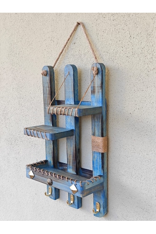 Dkr Dekoratif Çam Agacı Raf El Yapımı Ahşap Raf Anahtarlık Antik Mavi Mavi
