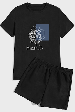 Uyguntarz Minimal Line Drawing Baskı Şort Takım Siyah