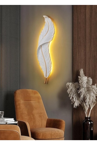 CajuArt Büyük Boy Dekoratif Tüy Şekilli Pilli Işıklı Duvar Dekoru Modern Aplik